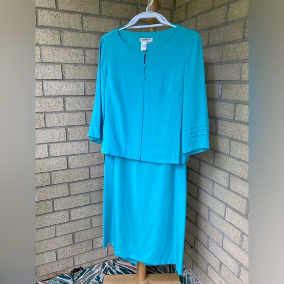 100% Silk Teal Blue Sleeveless Dress and Lightweight Button Jacket 2 Piece Set - Picture 1 of 17
